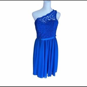 Blue lace chiffon one shoulder dress